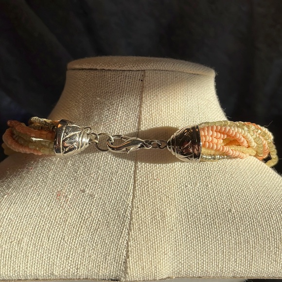 Gorgeous multi strand seed bead necklace in peach, lime, yellow, & silver. - Picture 6 of 12